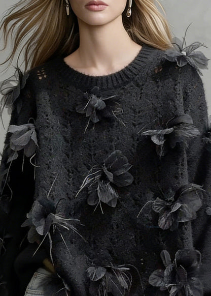 Floral Black O-Neck Hollow Out Knit Sweaters