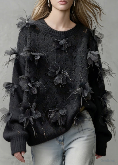 Floral Black O-Neck Hollow Out Knit Sweaters
