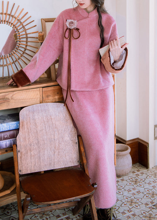 Floral Pink Fur Collar Coat Side Open And Skirts Woolen Two Pieces Set Winter