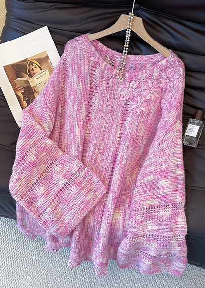 Floral Pink Hollow Out Cozy Knit Sweater Tops Fall