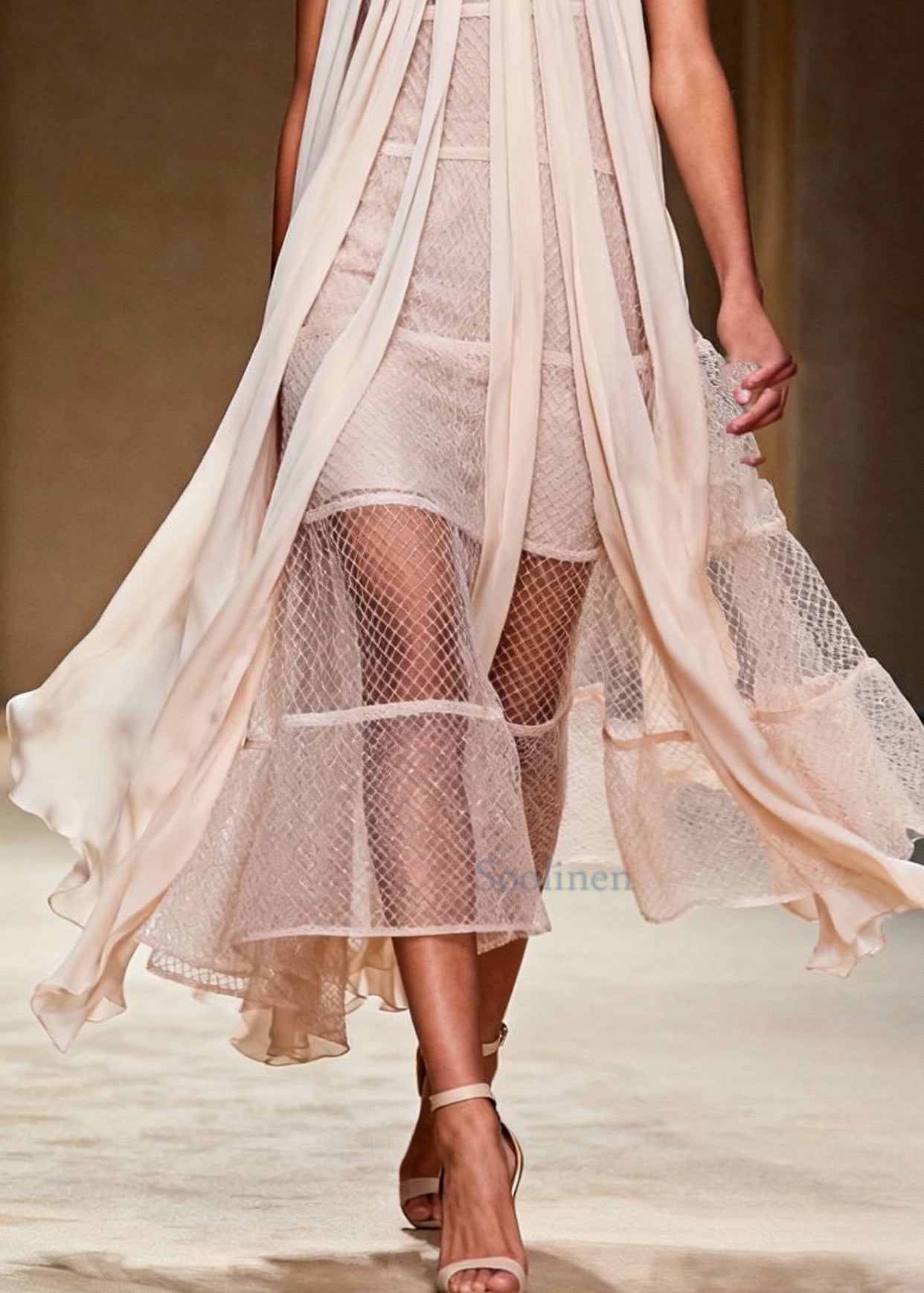 French Beige Cold Shoulder Mesh Halter Dress Summer