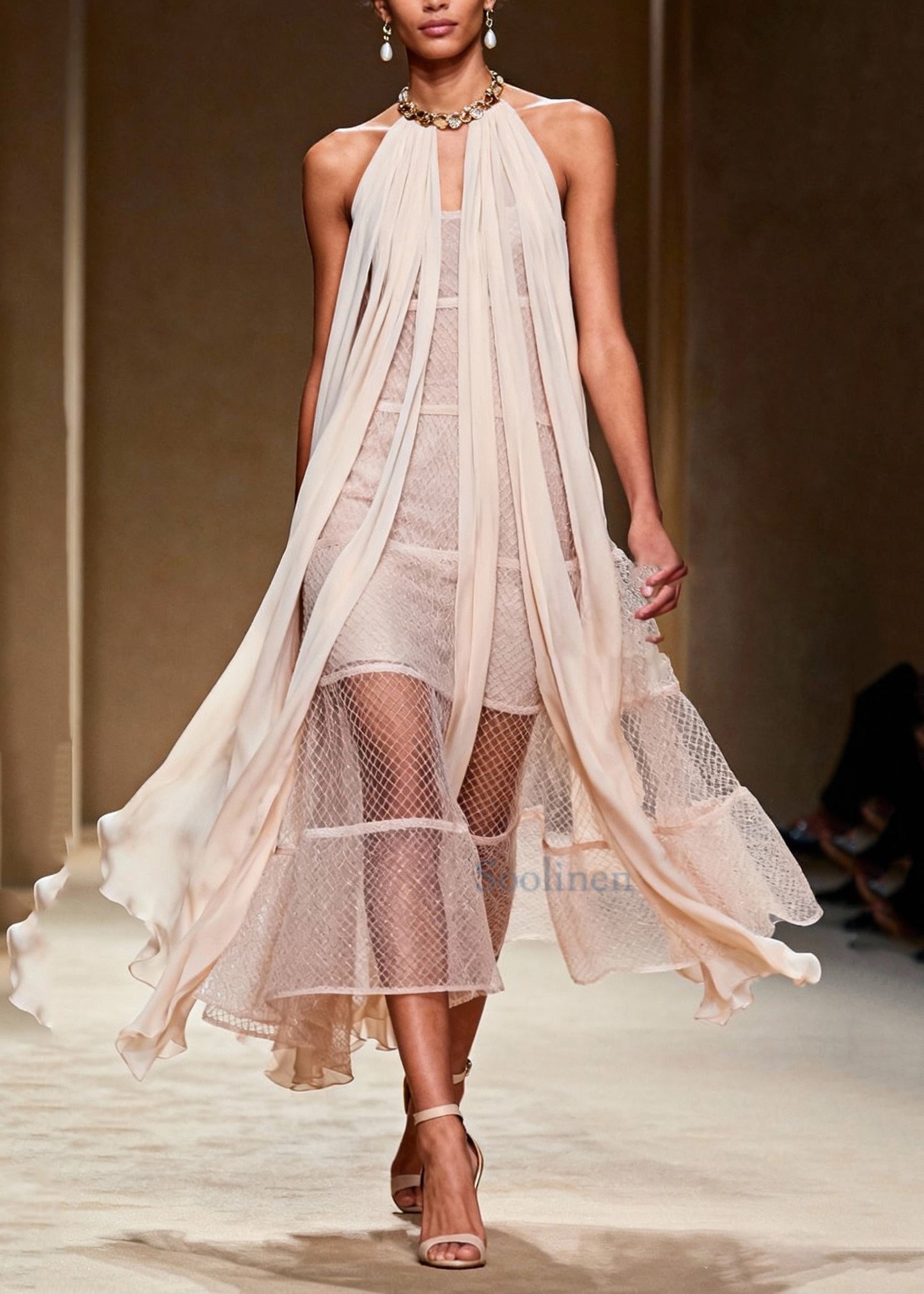 French Beige Cold Shoulder Mesh Halter Dress Summer