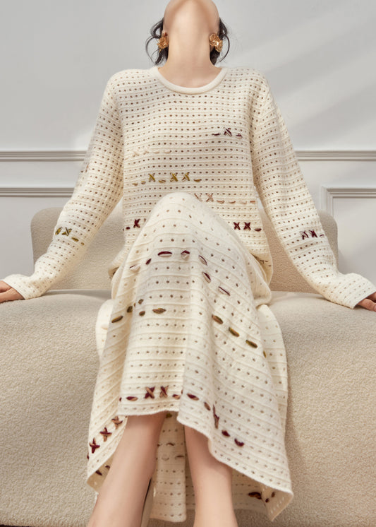 French Beige Hollow Out Sweaters And Skirts Knit Two Pieces Set Fall