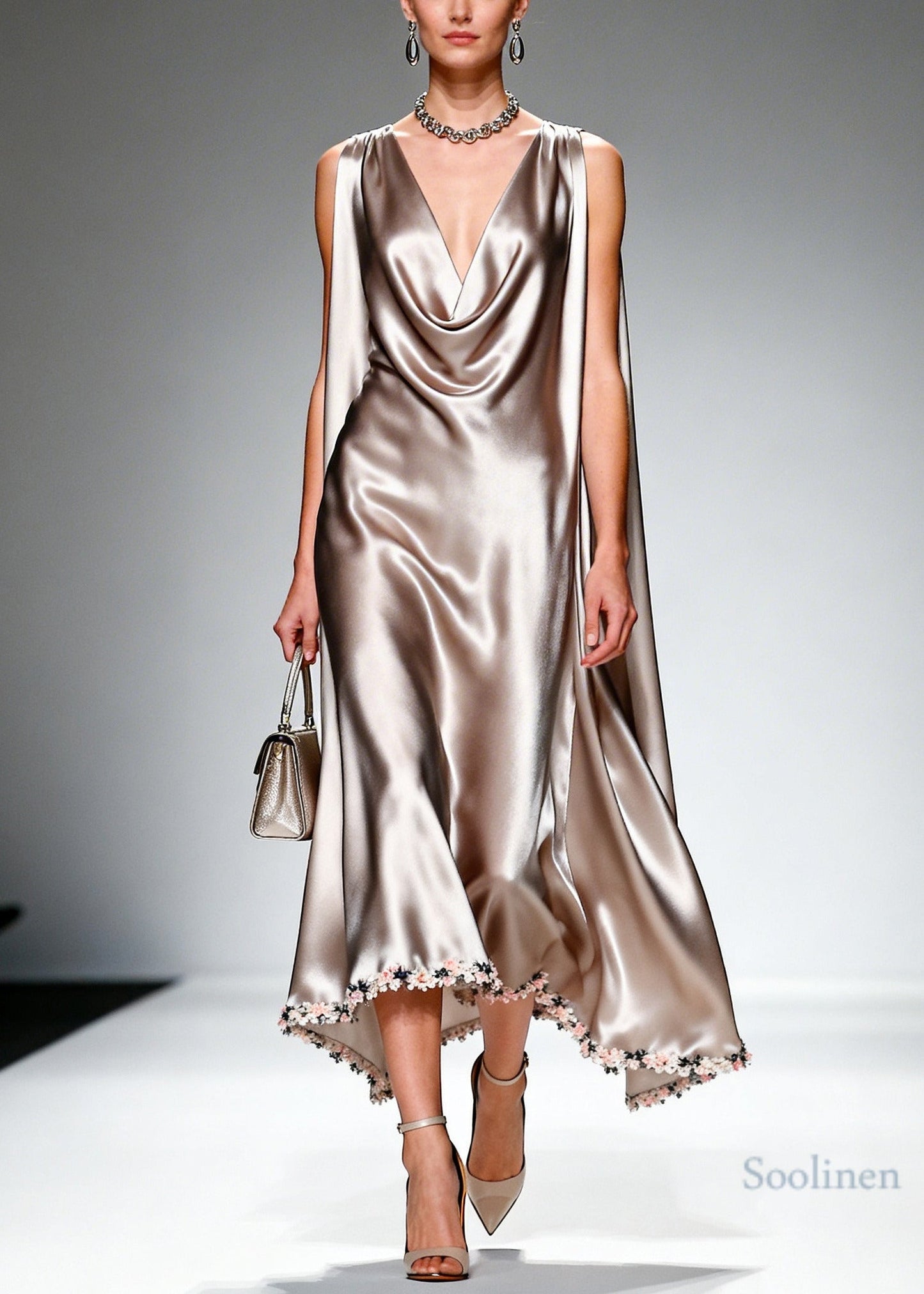 French Beige Turtle Neck Patchwork Flower Silk Dress Summer