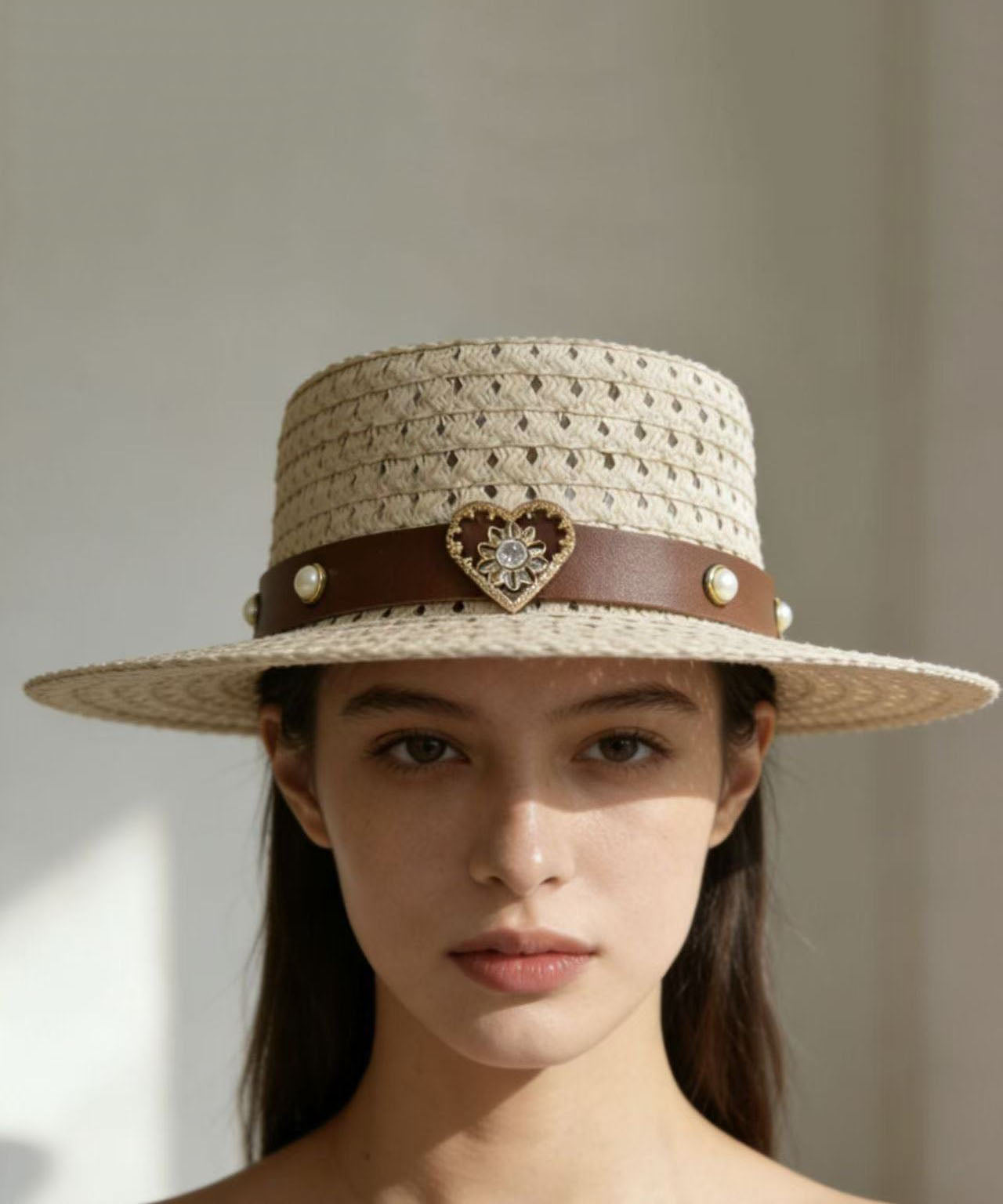 French Beige Zircon Heart-Shaped Hollow Out Breathable Sun Hat