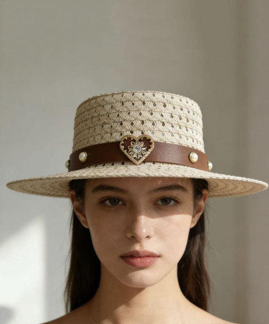 French Beige Zircon Heart-Shaped Hollow Out Breathable Sun Hat