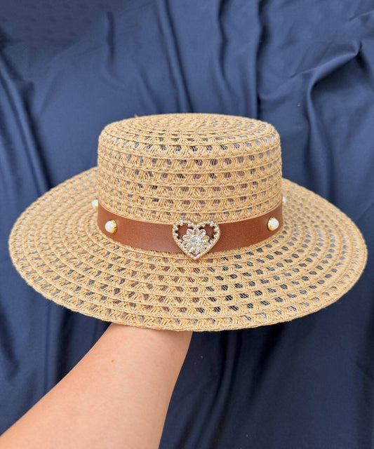 French Beige Zircon Heart-Shaped Hollow Out Breathable Sun Hat