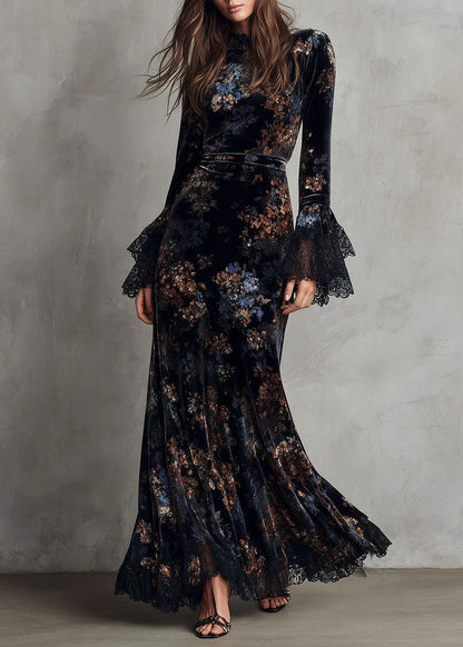 French Black Blue Print Patchwork Velvet Vacation Dresses Flare Sleeve