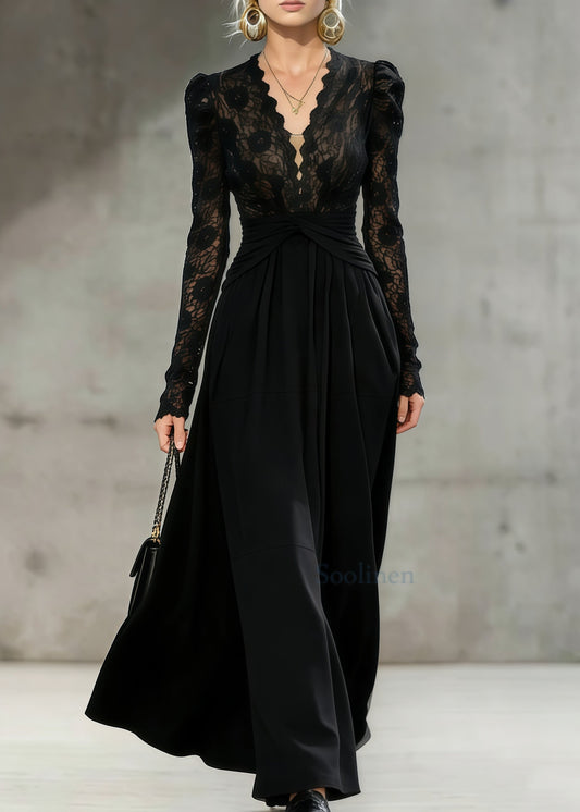 French Black Cinched Patchwork Lace Long Dresses Spring