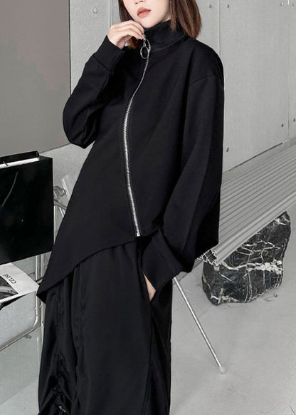 French Black High Neck Zip Up Patchwork Asymmetrical Knit Sweaters
