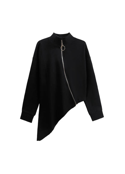 French Black High Neck Zip Up Patchwork Asymmetrical Knit Sweaters