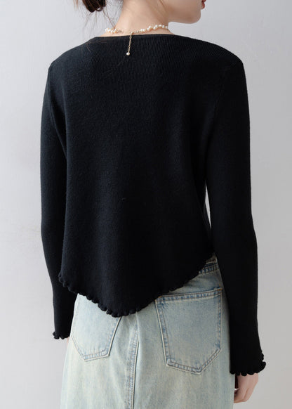 French Black O Neck Floral Ruffled Knitted Tops Spring