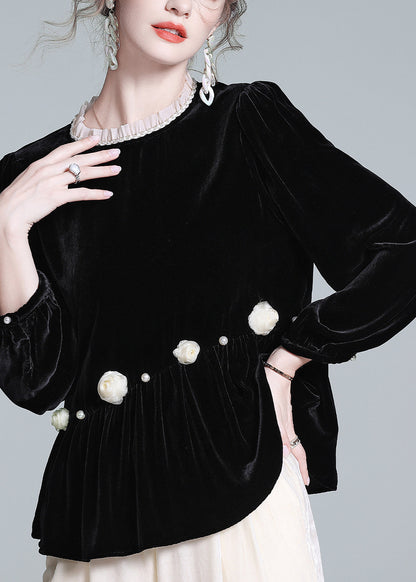French Black O-Neck Floral Wrinkled Silk Velour Top Lantern Sleeve