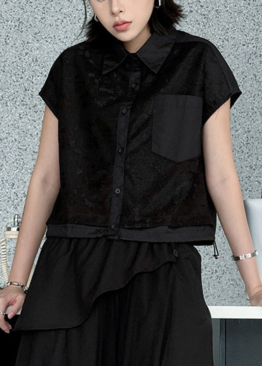 French Black Peter Pan Collar Jacquard Pockets Cotton Top Summer