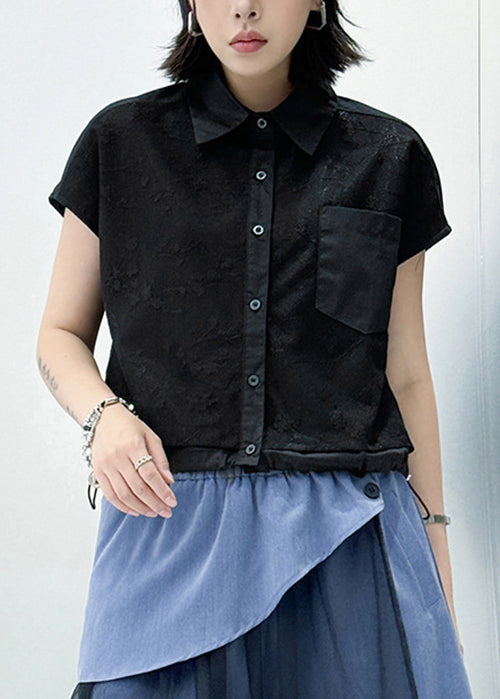 French Black Peter Pan Collar Jacquard Pockets Cotton Top Summer