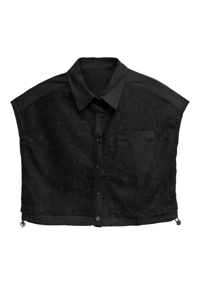 French Black Peter Pan Collar Jacquard Pockets Cotton Top Summer