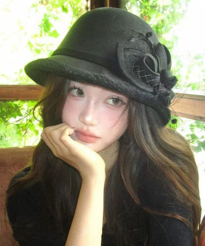 French Black Tulle Floral Woolen Warm Bucket Hat