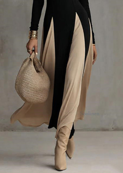French Black V Neck Patchwork Cotton Long Dress Spring