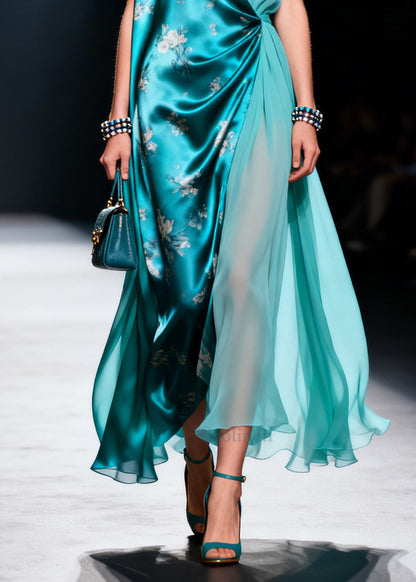 French Blue Asymmetrical Design Chiffon Fake Two Piece Dresses Sleeveless