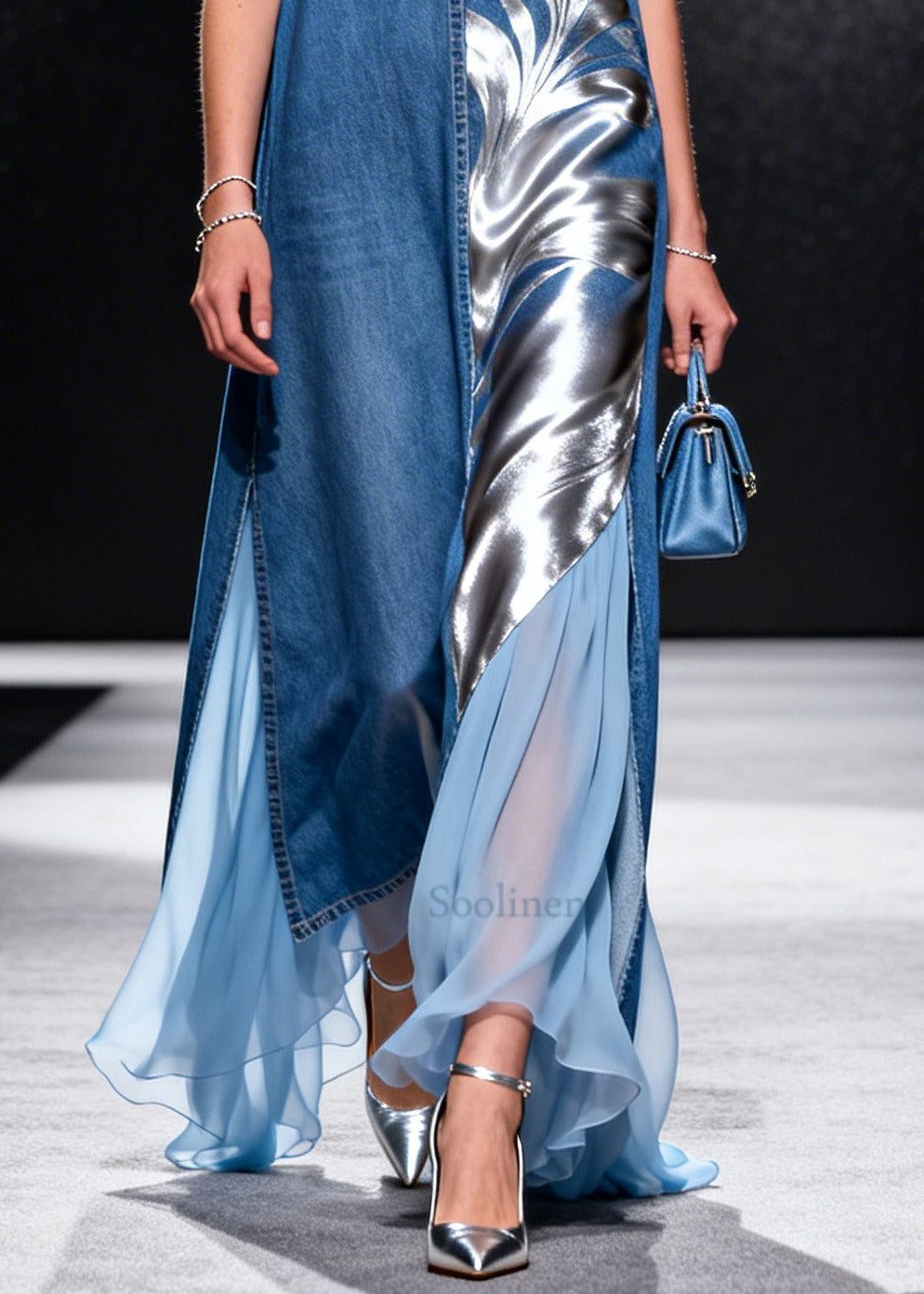 French Blue Asymmetrical Tulle Patchwork Denim Long Dress Summer