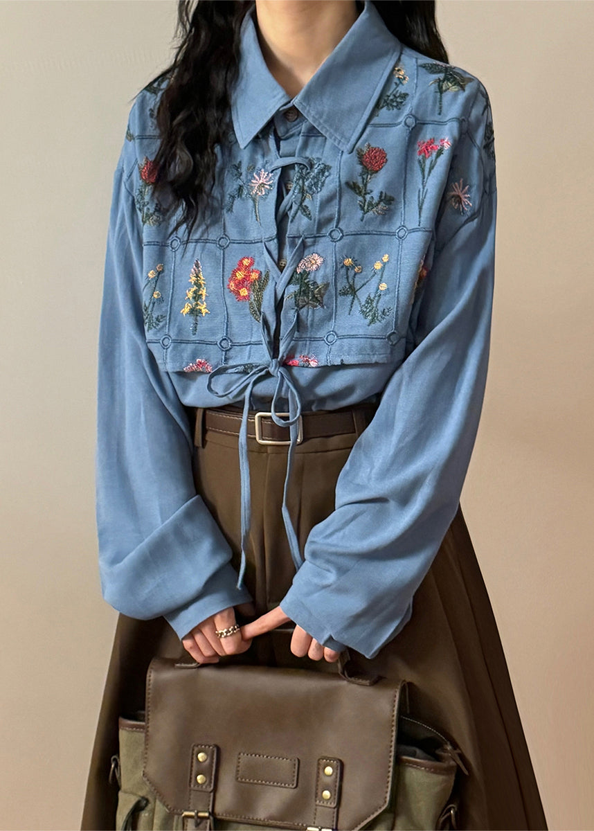 French Blue Embroidered Lace Up Cotton Blouses Spring