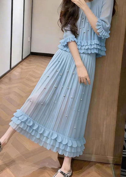 French Blue Nail Bead Wrinkled Chiffon Women Sets 2 Pieces Summer
