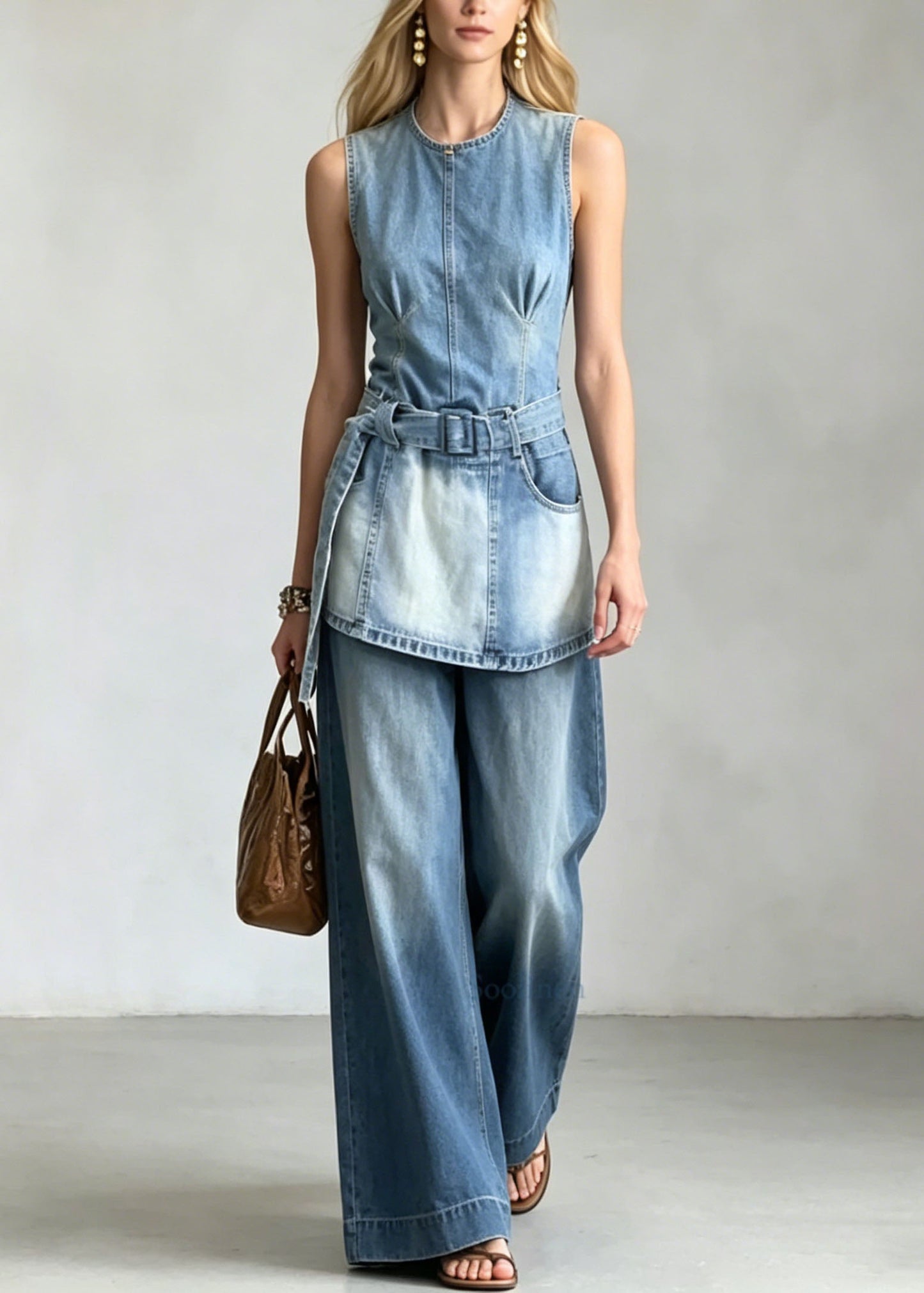 French Blue O-Neck Pockets Denim Sets 2 Pieces Sleeveless
