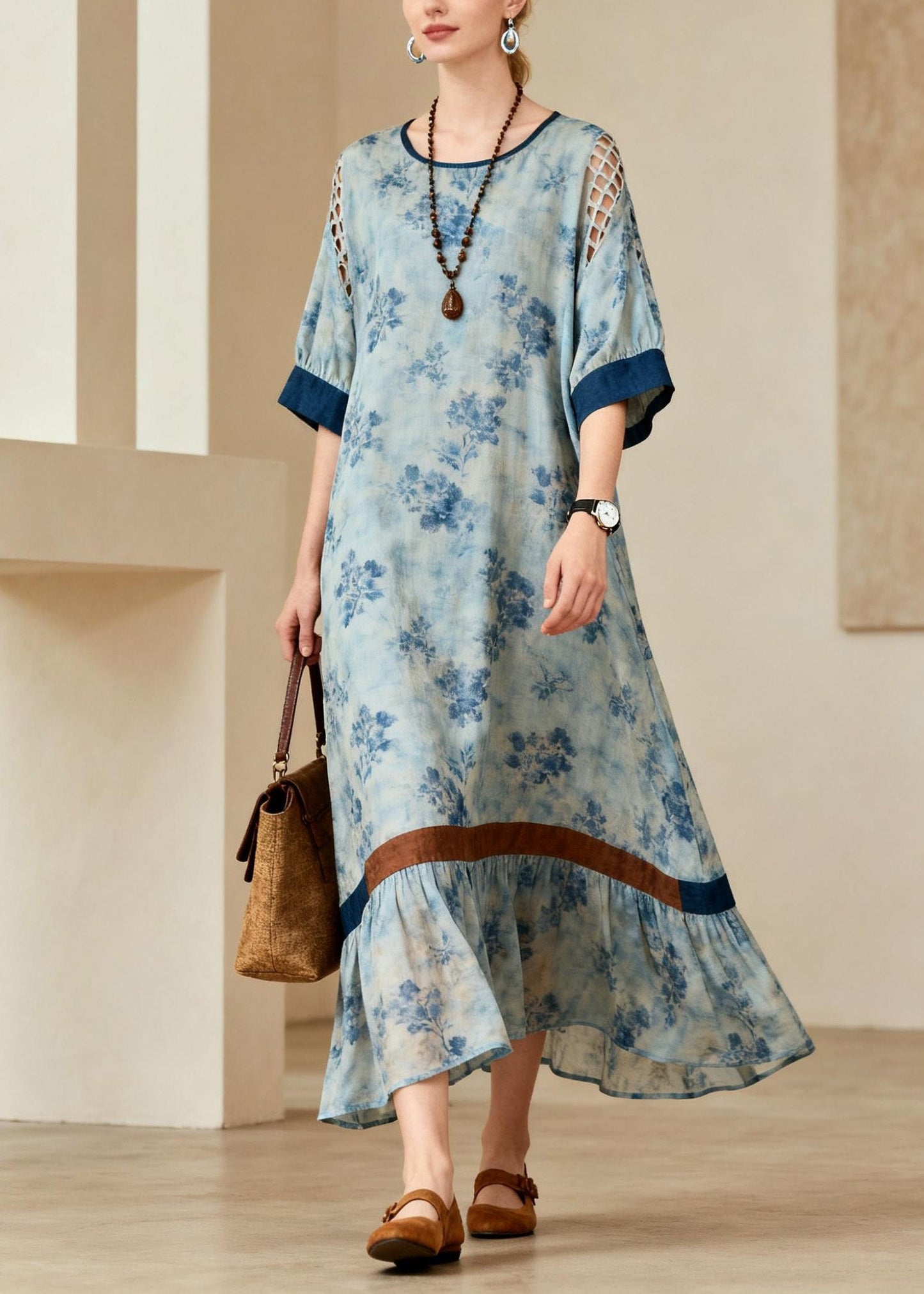 French Blue O Neck Print Hollow Out Cotton Maxi Dresses Summer