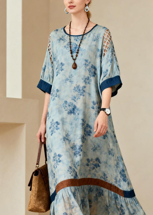 French Blue O Neck Print Hollow Out Cotton Maxi Dresses Summer