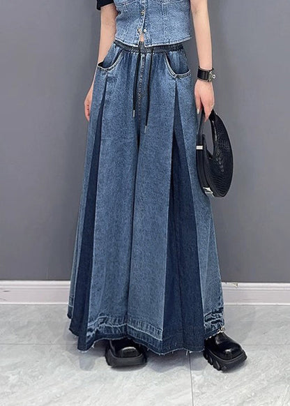 French Blue Pockets Wrinkled Patchwork Denim Wide Leg Pants Summer