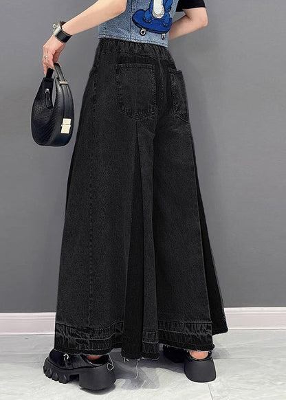 French Blue Pockets Wrinkled Patchwork Denim Wide Leg Pants Summer