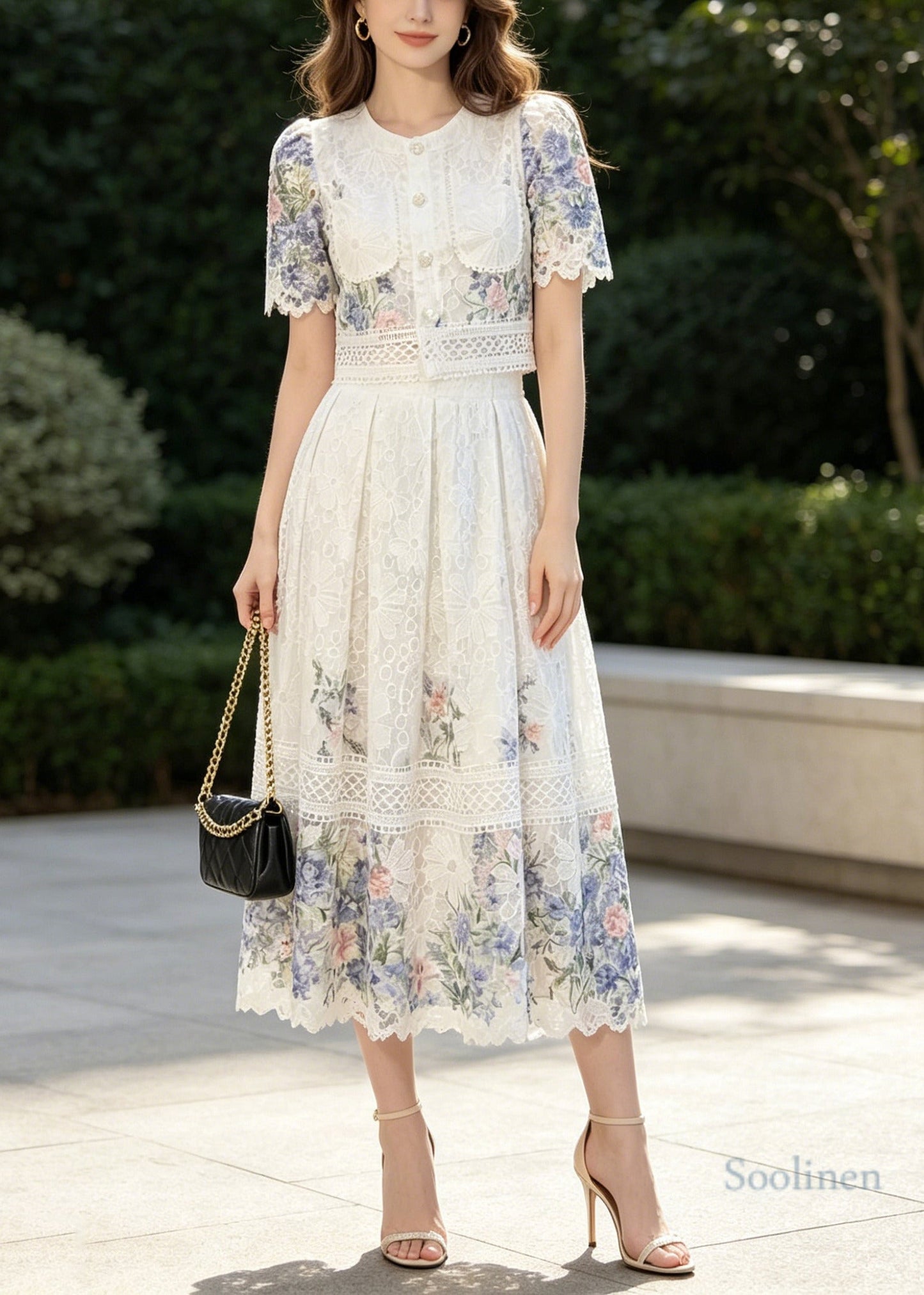 French Blue Print Lace Shirts And Skirts 2 Piece Outfit Summer