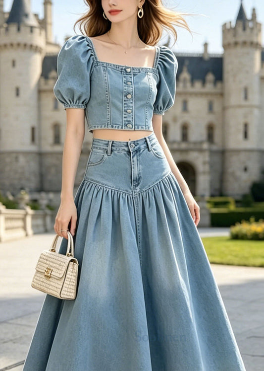 French Blue Puff Sleeve Wrinkled Patchwork Denim Two Piece Set Outfits