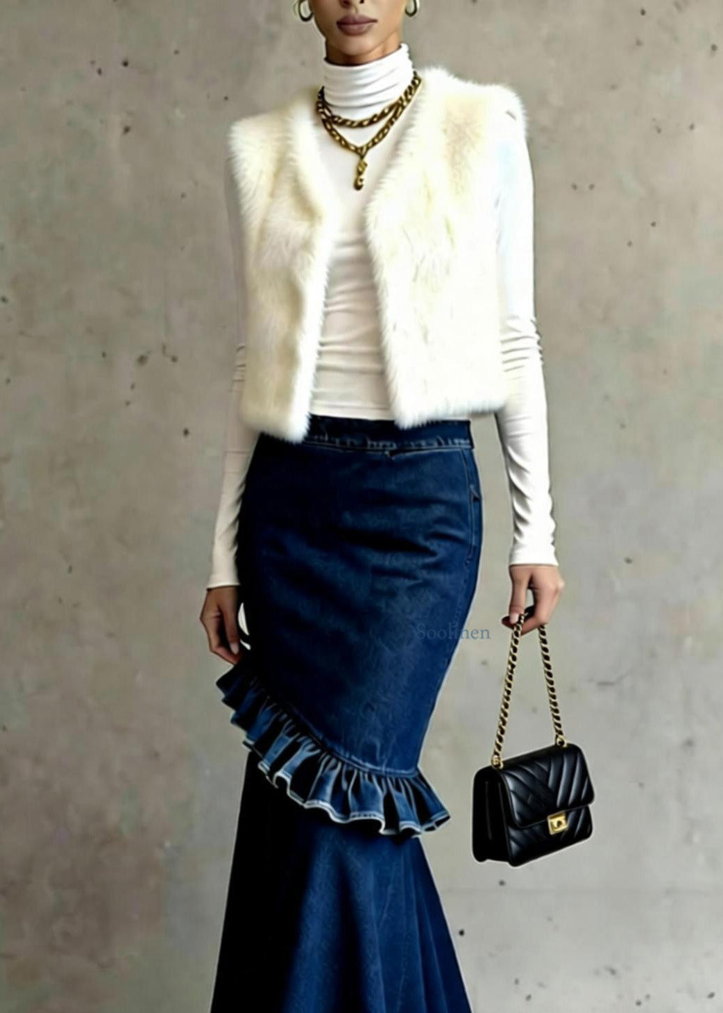 French Blue Ruffled Patchwork High Waist Denim Skirts Spring