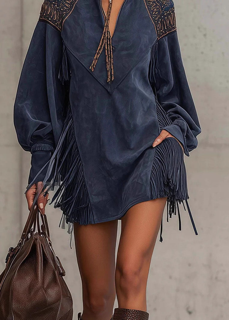 French Blue Tasseled Embroidered Patchwork Faux Suede Dresses Fall