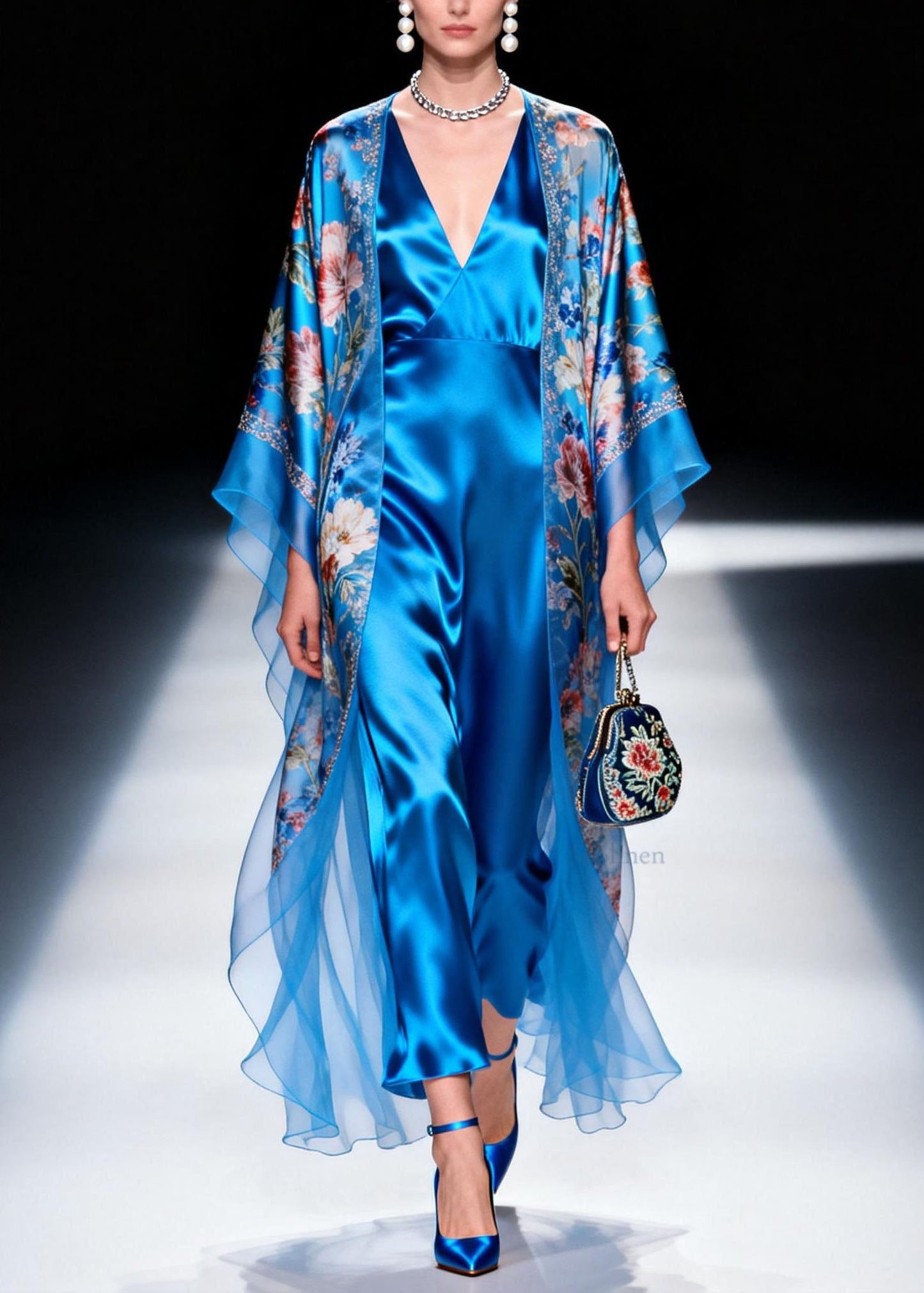 French Blue V Neck Print Silk Two Piece Set Outfits Summer