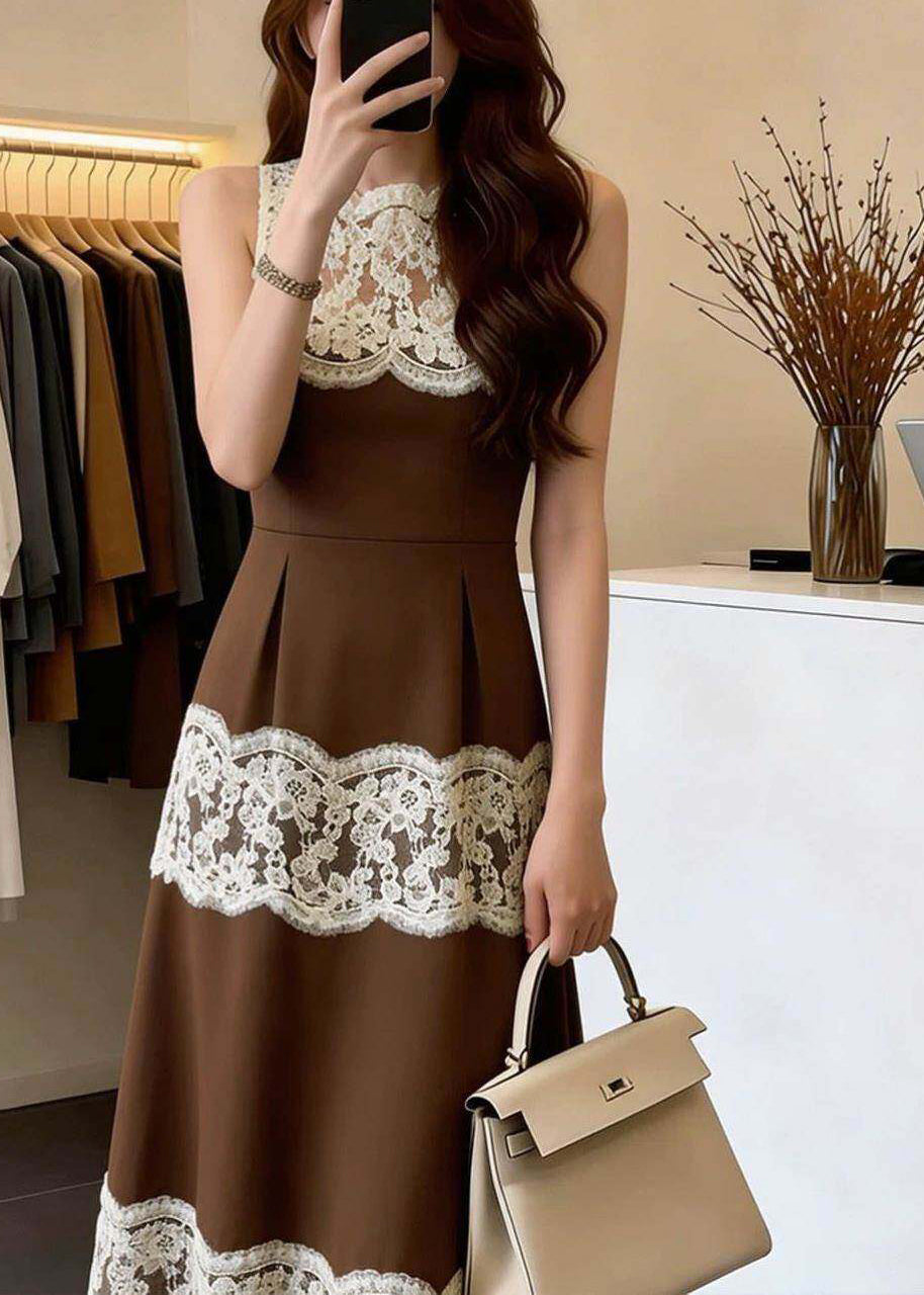 French Brown O-Neck Patchwork Lace Maxi Dresses Sleeveless