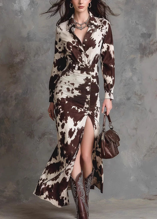 French Brown Peter Pan Collar Print Side Open Cotton Dress Fall