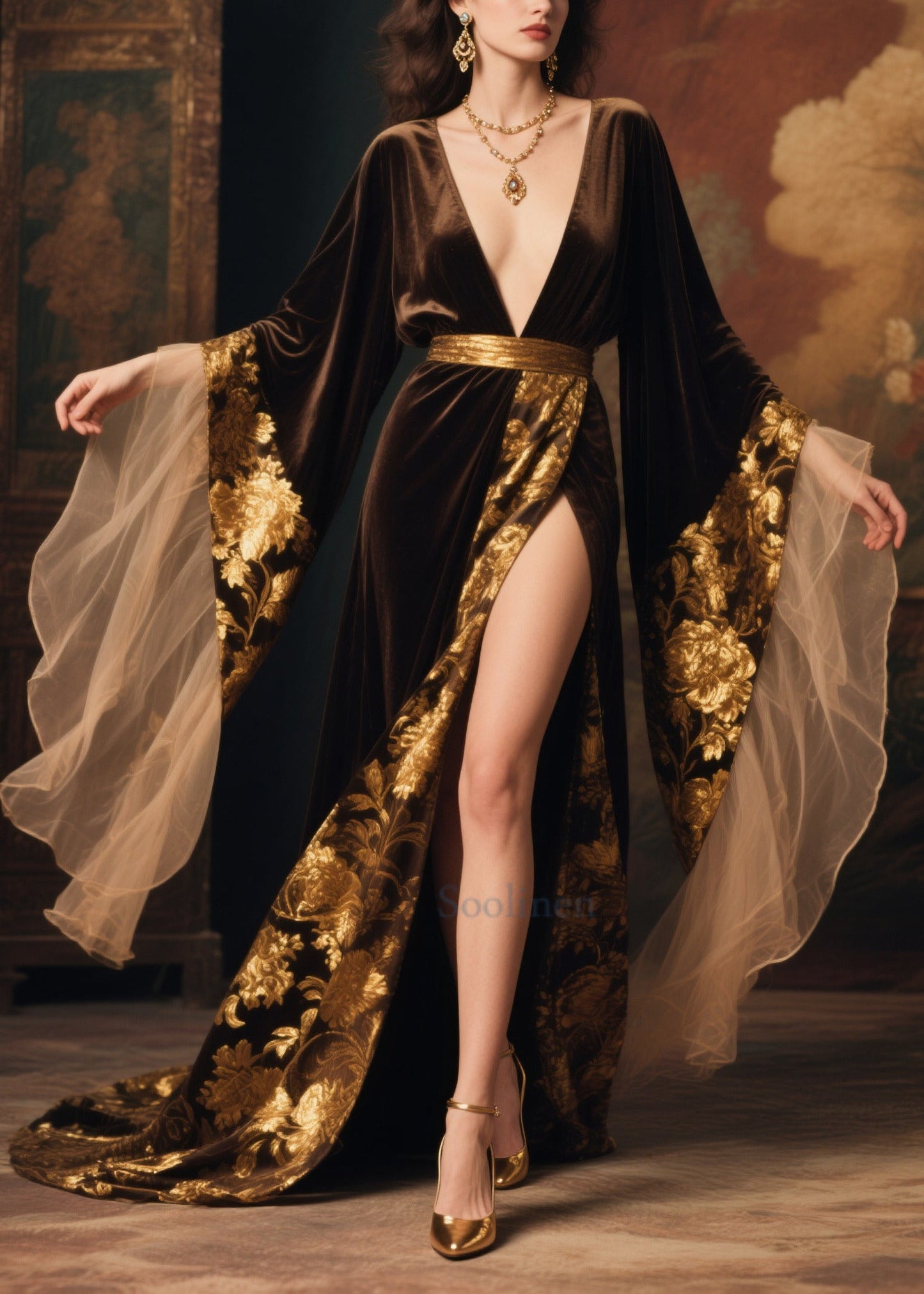 French Chocolate Exra Large Hem Patchwork Side Open Silk Velour Party Dress