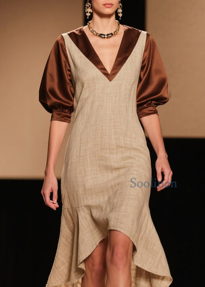 French Colorblock Puff Sleeve Asymmetrical Patchwork Linen Silk Dress