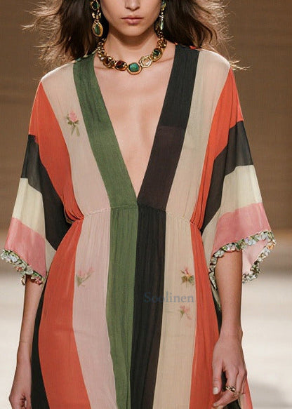 French Colorblock Striped Draping Chiffon Maxi Dresses Summer
