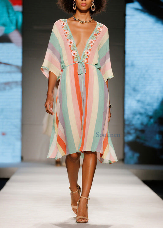 French Colorblock V Neck Floral Cotton Mid Dresses Summer