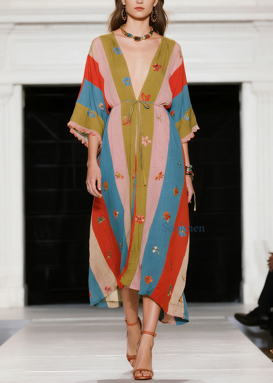 French Colorblock V Neck Floral Patchwork Cotton Dress Summer