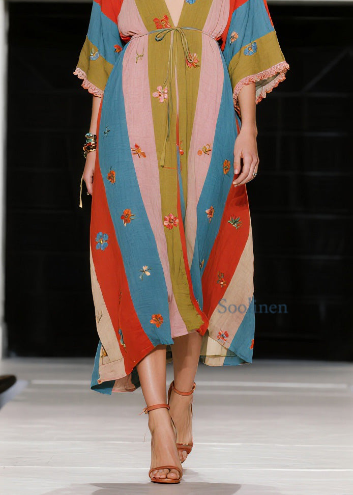 French Colorblock V Neck Floral Patchwork Cotton Dress Summer