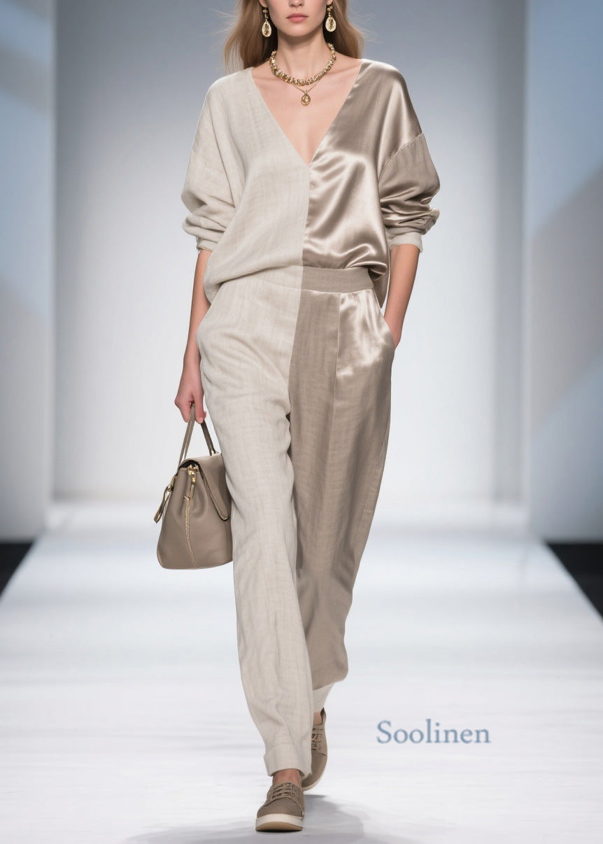 French Colorblock V Neck Patchwork Linen Silk Two Pieces Set Spring