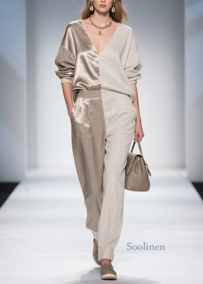 French Colorblock V Neck Patchwork Linen Silk Two Pieces Set Spring
