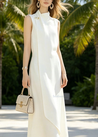 French Elegant White Half High Neck Cotton Dress Sleeveless