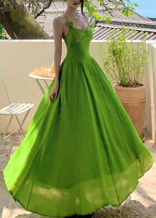 French Green Floral Hollow Out Patchwork Flattering Maxi Spaghetti Strap Dresses Sleeveless