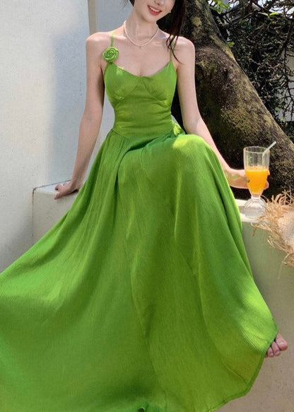 French Green Floral Hollow Out Patchwork Flattering Maxi Spaghetti Strap Dresses Sleeveless