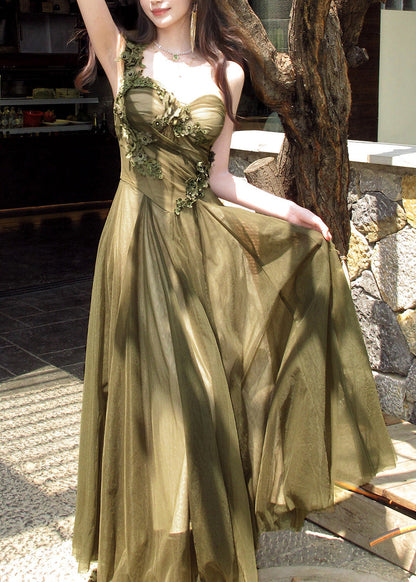 French Green Floral Patchwork Tulle Long Spaghetti Strap Dress Sleeveless